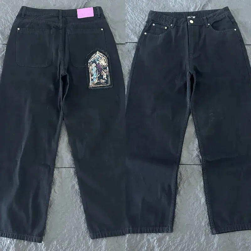 New DERSCHUTZE Unisex Jeans Loose Straight Leg Denim Pants Big Chinese Dragon Embroidery Retro Washed Black Street Trousers — image 12