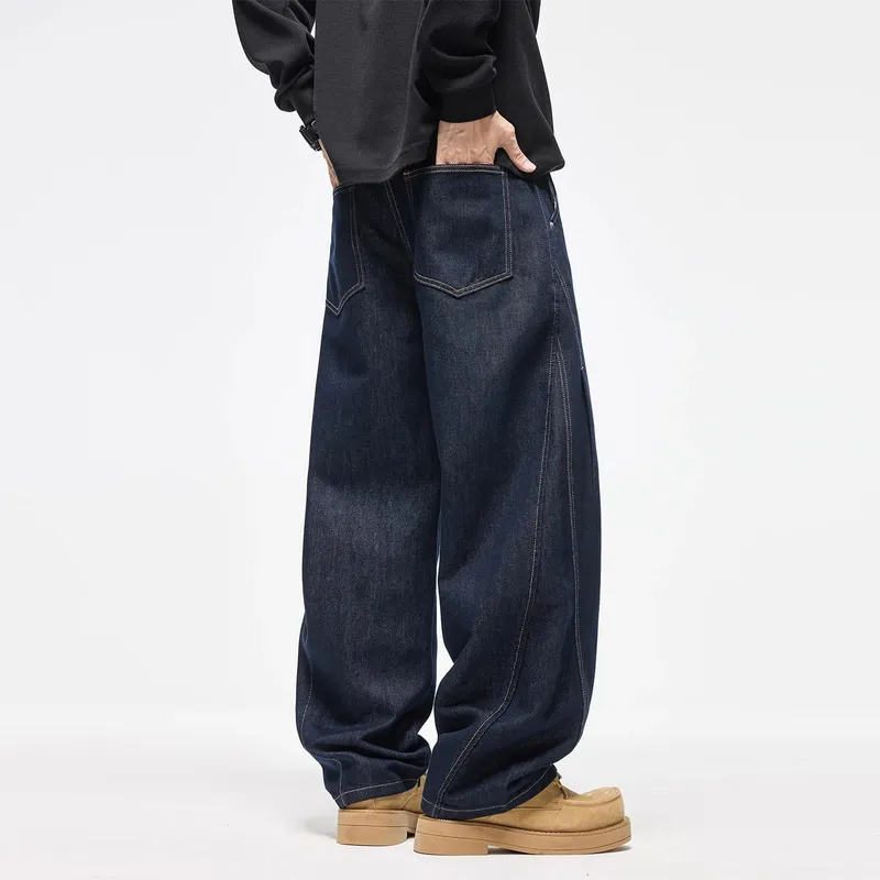 Autumn Winter 2026 New Fashion American Style Men's Dark Blue Solid Color Casual Trendy Simple Basic Wide Leg Loose Jeans Pants — image 3
