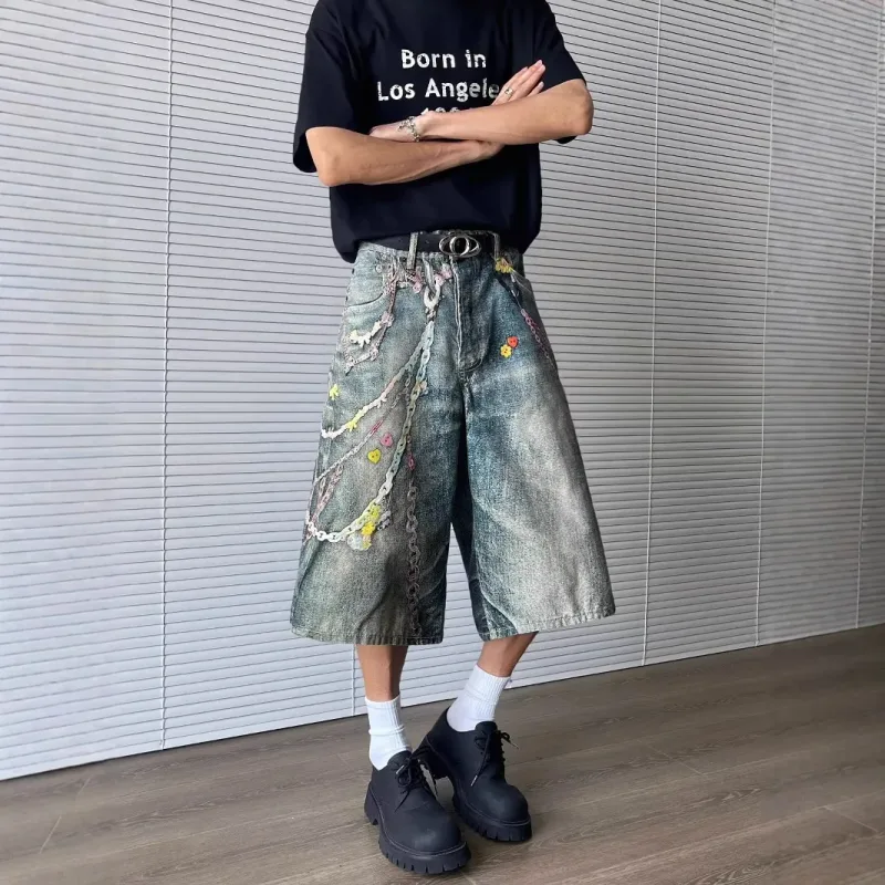 3D Print Baggy Jeans Shorts Men Streetwear Candy Chain Patchwork Summer Wide Leg Casual Loose Knee Length Pants Oversized