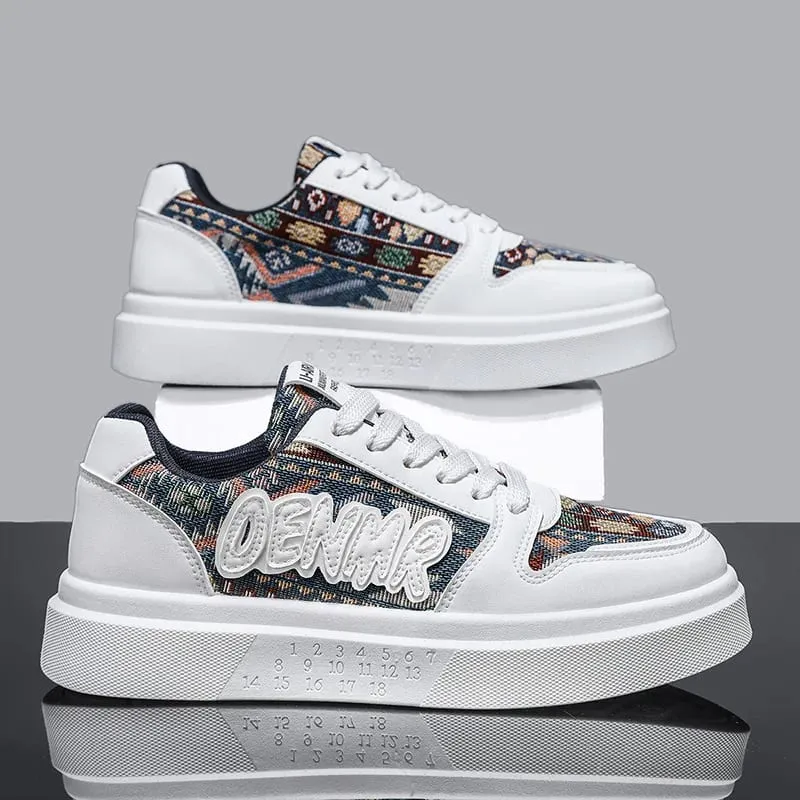 Men Spring Summer Sneakers Platform Board Shoes Ethnic Patchwork Fabric Casual Skateboard Lace Up Male Footwear
