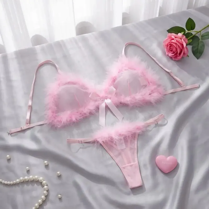 Christmas Furry Women's Underwear Wireless Mesh Transparent Lingerie Set Bow Decor Romantic Intimate Bra Panties Suit Christmas — image 5