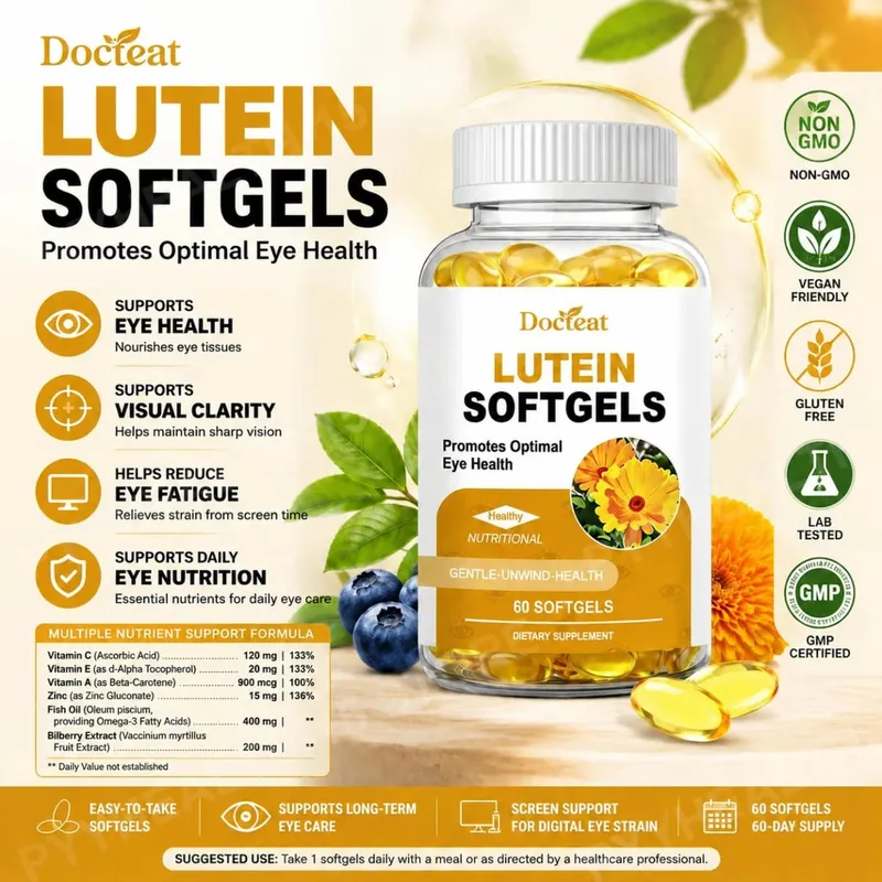Docteat Lutein Zeaxanthin Softgels with Bilberry Fish Oil Astaxanthin Eye Health Daily Wellness Supplement for Adults60 Softgels — image 1