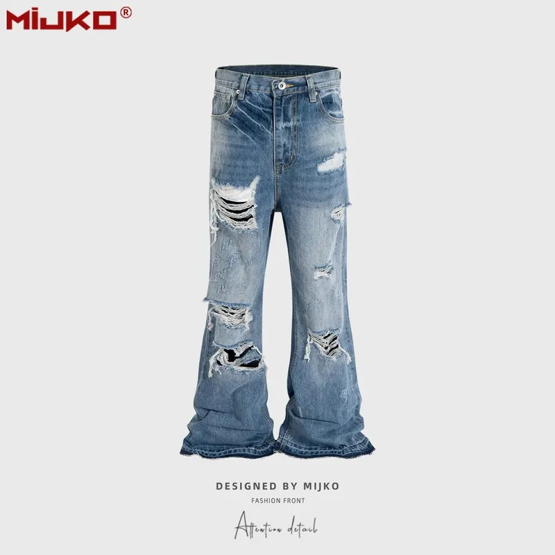 Unisex Wide Leg Flared Jeans Torn Hole Cut with Cat Whisker Fringe Blue for Men And Women ZJ014 — image 10