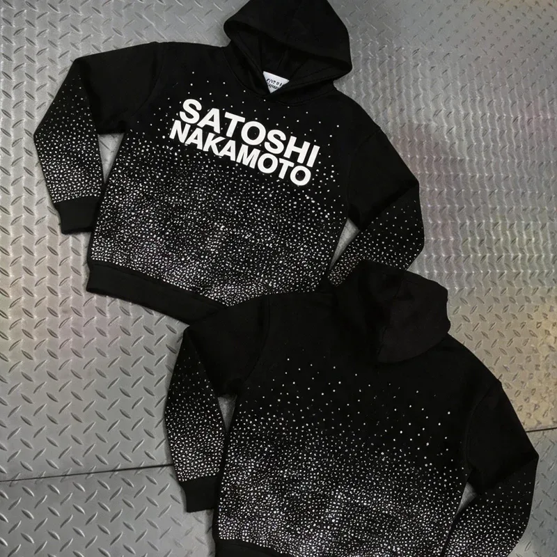 Hoodies Pullover 26ss Vintage Embroidery Leather Pattern Glittering Diamond Print Men's Hooded Hip Hop Style Sweatshirts — image 44