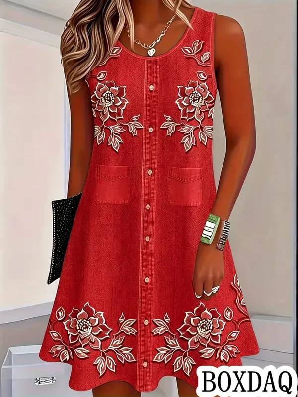 Women Vintage Pattern Flowers Print Dresses Summer Fashion Sleeveless Dress Casual Sundress Beach Loose Dress — image 14