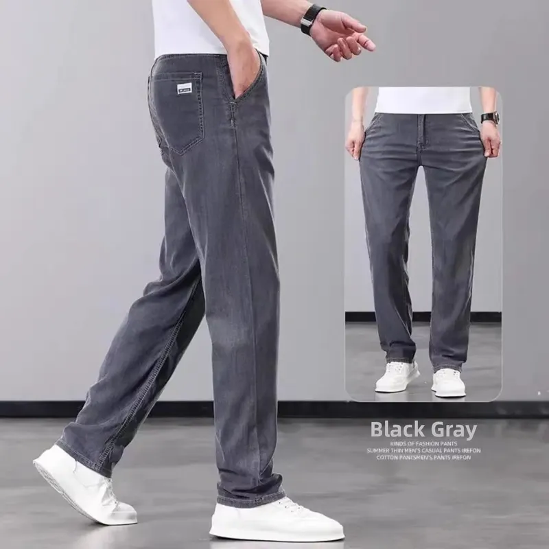 Summer Thin Wide Leg Pants Loose Fit Casual Ice Silk Jeans Men's Breathable Straight Cut Long Trousers Business Gentleman Style — image 9