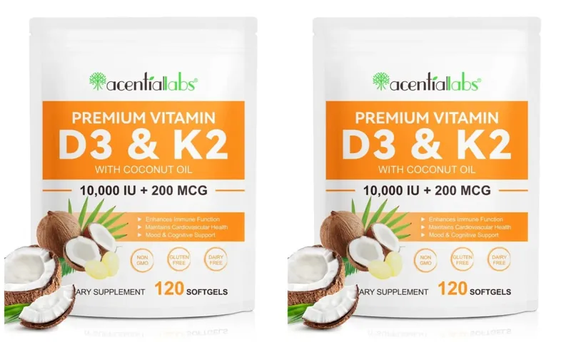 Acentiallabs Premium Vitamin D3 K2 Softgels Supplements Coconut Oil Vitamin D3 AK2 Soft Capsules for Immune Support for Adult