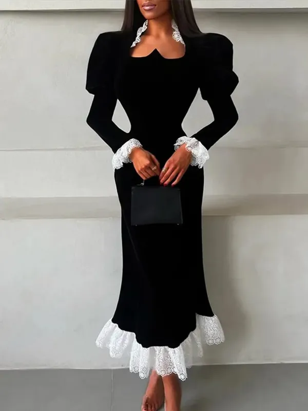 Full Sleeve Lace Patchwork Velvet Maxi Dress Women Elegant Stand Collar Puffed Slim Long Sexy Gowns Lady Evening Dinner Dresses — image 4