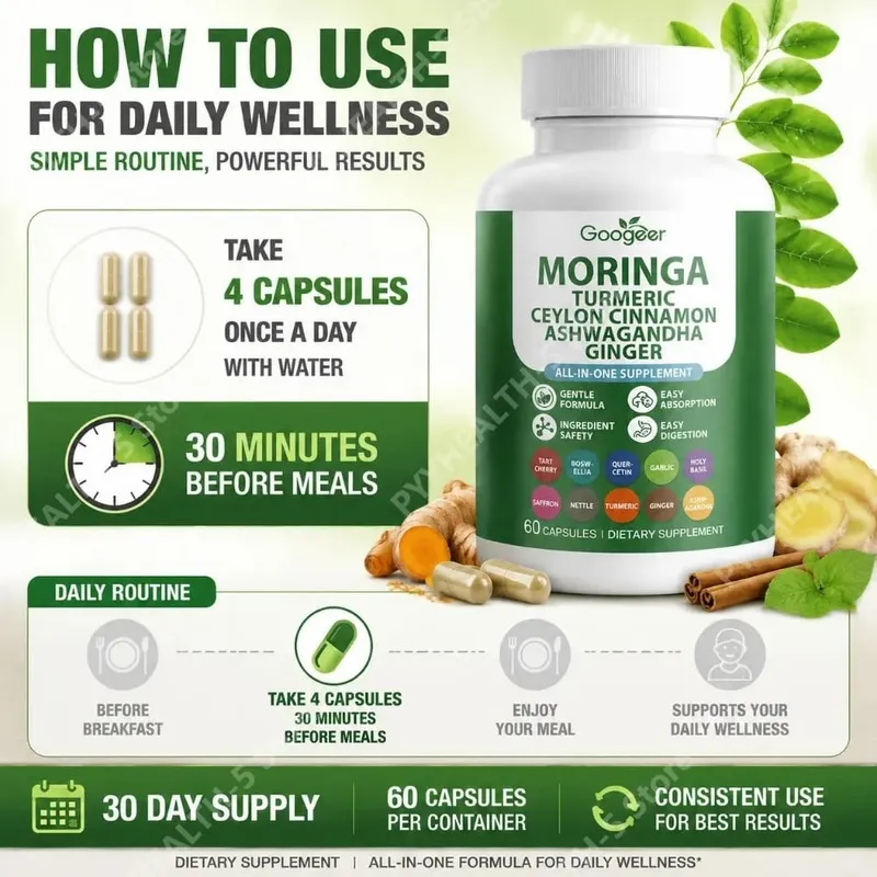 Googeer Moringa Turmeric Capsules All-in-one for Joint Health Support with Ashwagandha Ginger and Ceylon Cinnamon 60 Capsules — image 5