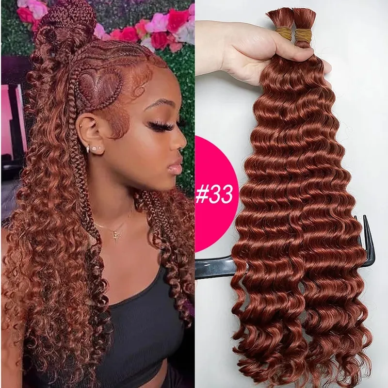 4# Chocolate Brown Deep Wave Bulk Human Hair for Boho Braids Curly Braiding Hair 18-30 inch Remy Hair Bundle Brazilian — image 17