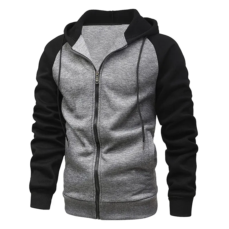 Men's Fleece Hoodies Long Sleeve Sweatshirts for Men Zipper Hooded Mens Fashion Color Blocking Sweatshirt Slim Fit Jacket Coat — image 4
