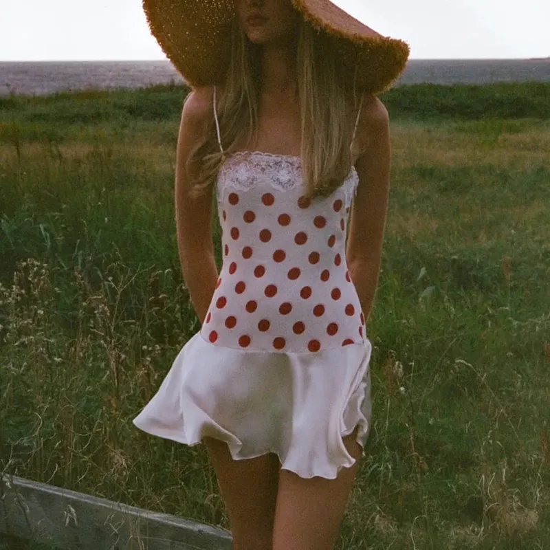 Women Y2K Polka Dot Cami Dress Lace Trim Spaghetti Strap Satin Ruffle Hem Bodycon Mini Dress Summer Casual Streetwear — image 3