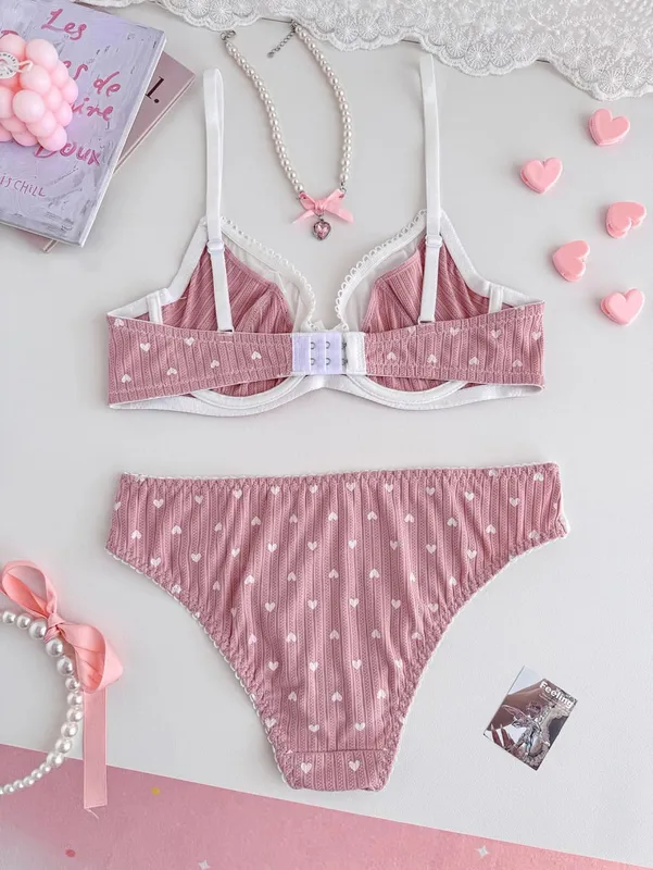 Women Pink Heart Print Lingerie Set Lace Mesh Trim Underwire Bra & Panties Soft Comfort Daily Intimates — image 2