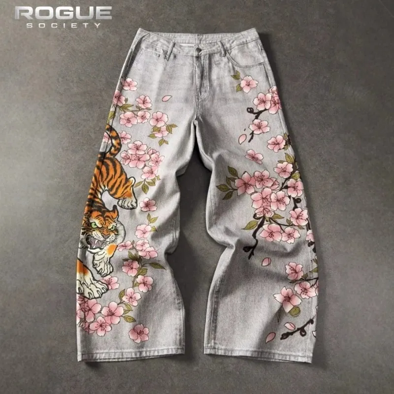 Japanese Tiger Sakura Men Jeans Summer Y2K Wide Leg Denim Pants Streetwear Hip Hop Retro Harajuku Loose Vintage Trousers Unisex — image 2
