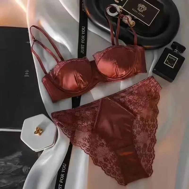 Sexy Satin Half Cup Bra Set with Steel Ring Thin Comfortable Upper Support Green Lace Edge Glossy Lingerie for Women — image 14