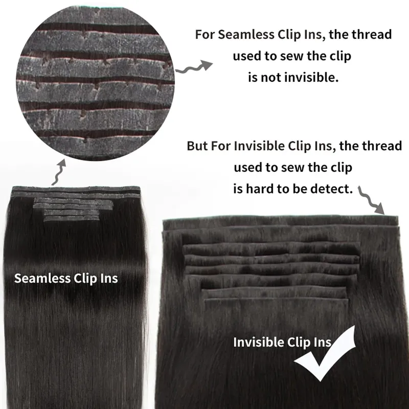 Invisible PU Clip In Human Hair Extension Seamless Tape Weft Thin and Soft Tape Weft 7Pcs/set 12-24inch 100G 120G Clip on Hair