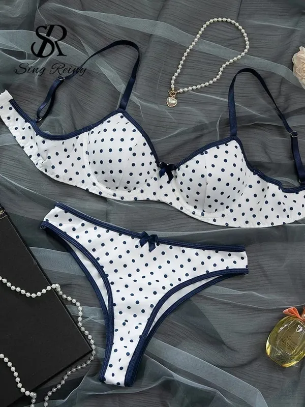 French Polka Dot Print Lingerie Sets Ladies Strap Underwire Bra+Sweet Briefs Hotsweet Vintage Underwear 2Pcs Suits