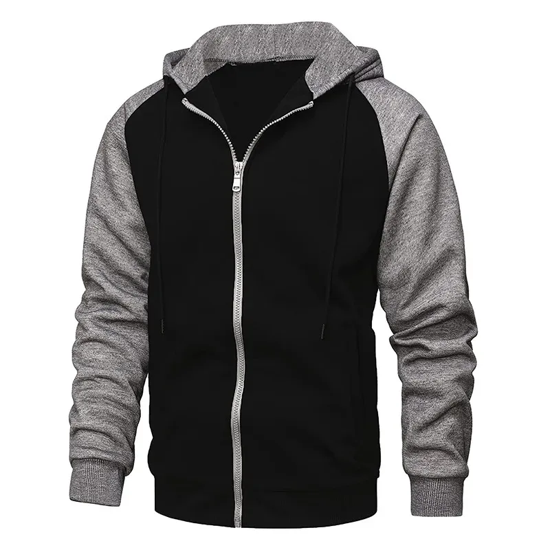 Men's Fleece Hoodies Long Sleeve Sweatshirts for Men Zipper Hooded Mens Fashion Color Blocking Sweatshirt Slim Fit Jacket Coat — image 5