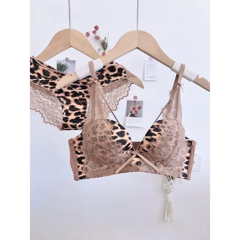 Leopard Print Cross Bust Push Up Bra Set 32‑38 Wireless Seamless Anti Sag Comfort Sexy Lingerie For Small Breasts — image 3