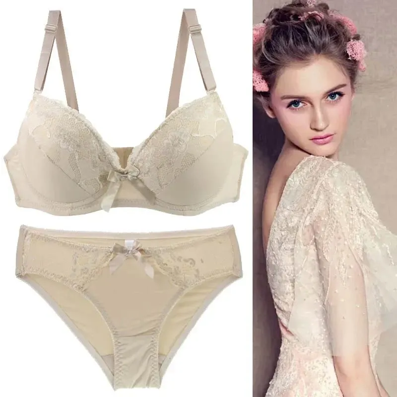 Women Push Up Bra Set Lace Thong Underwear Solid Bow Lingerie Plus Size 70-105 BCDE Cup Female Intimates — image 8