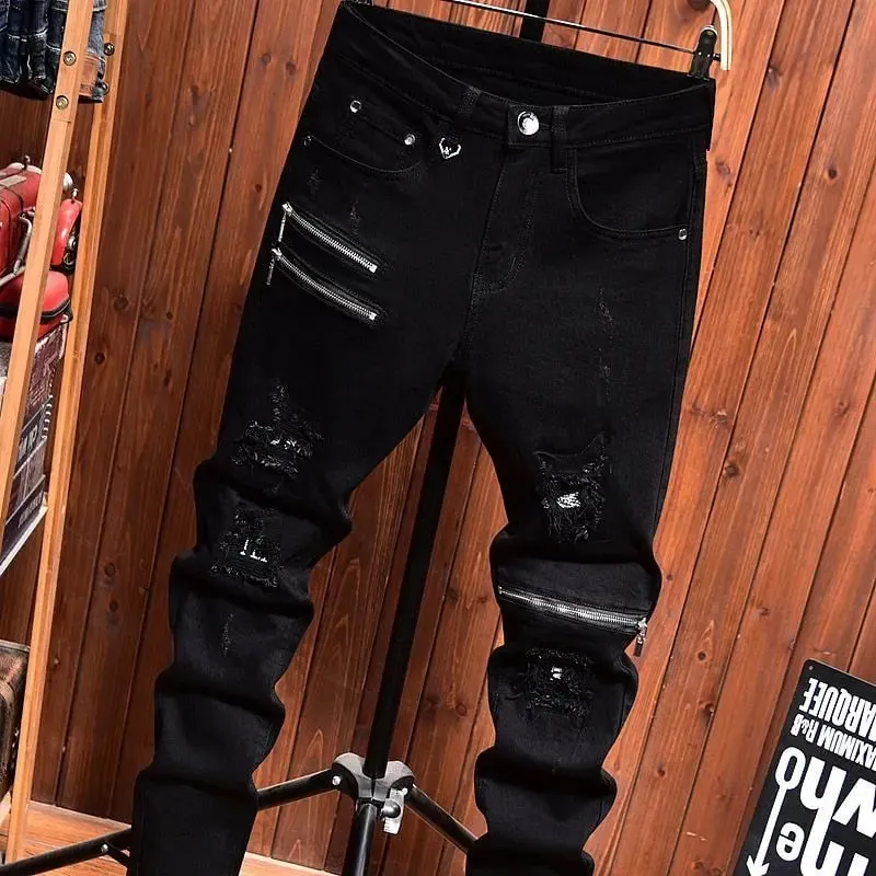 2025 Jeans Men's Spring Autumn Versatile Korean Black Elastic Slim Small Feet Zipper Pants Autumn Cowboy Man Pants Design Jeans — image 3