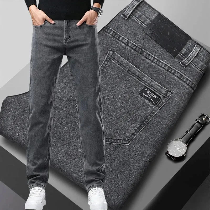 Men's Slim Jeans Korean Fashion Elastic Straight Casual Denim Pants Comfortable Work Male Spring Autumn Trousers Black Gray — image 2