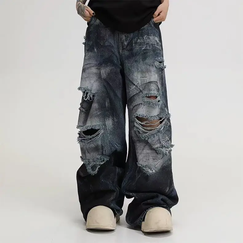 Inkjet Hole Jeans Men Women New American Washed Hip-Hop Wide-Leg Pants Gothic Street Straight Pants — image 2