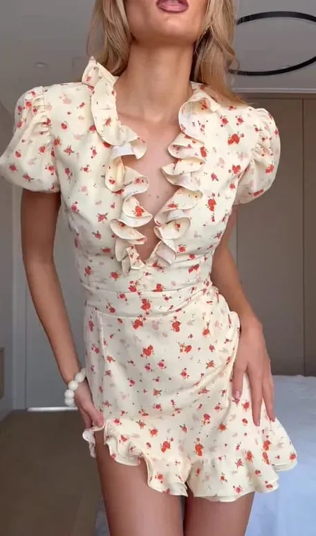 Chic Strawberry Print Ruffle Dress 2026 Deep V Neck Long Puff Sleeve Ruched Waist Mini Dresses Spring Sweet Café Meetup Vestido — image 9