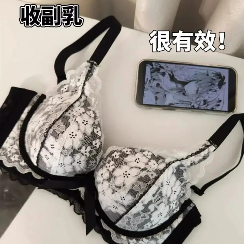 Sexy Lace Lingerie Set Manga-Style Bra Small-Bust Gathering Side-Boob Control Uplifting Comfortable Wireless Bra Set. — image 5