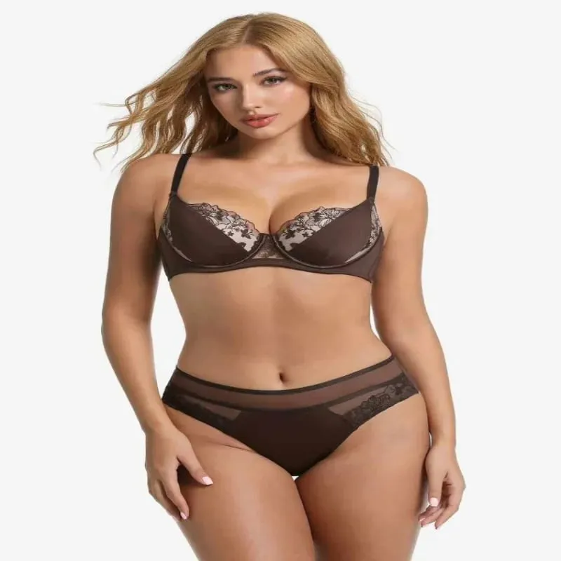 Conjunto de Lingerie Renda Bordada Sexy Para Mulheres Sutiã Minimizador Arame Macio Anti Flacidez Confortável Uso Diário — image 7
