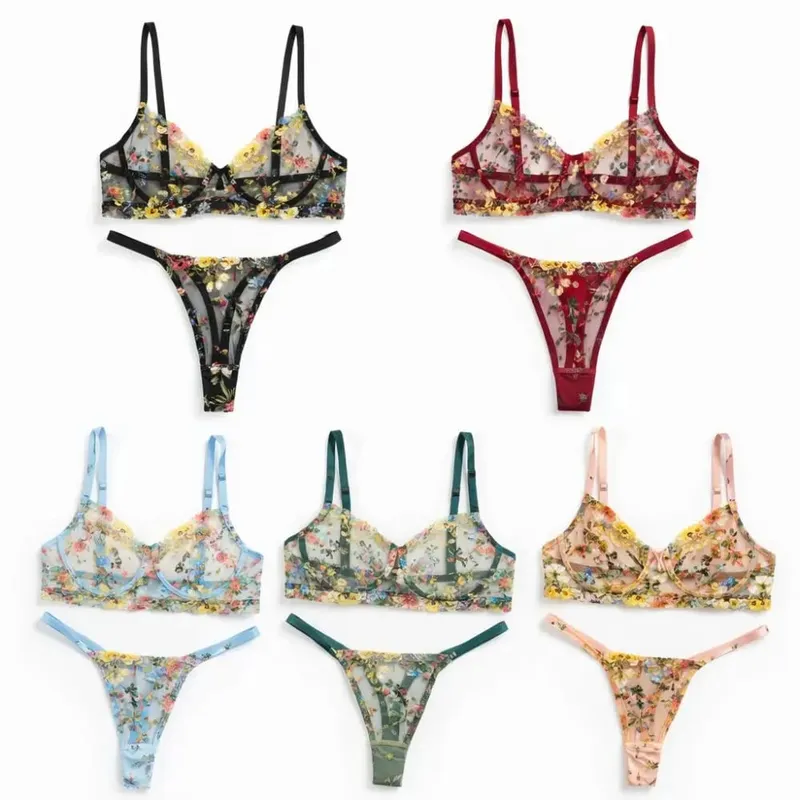Ensemble de lingerie florale bohémien 2 pièces, sous-vêtements polyvalents brodés, intimes à armatures, soutien-gorge transparent, culotte, ensemble pour dames et filles — image 2