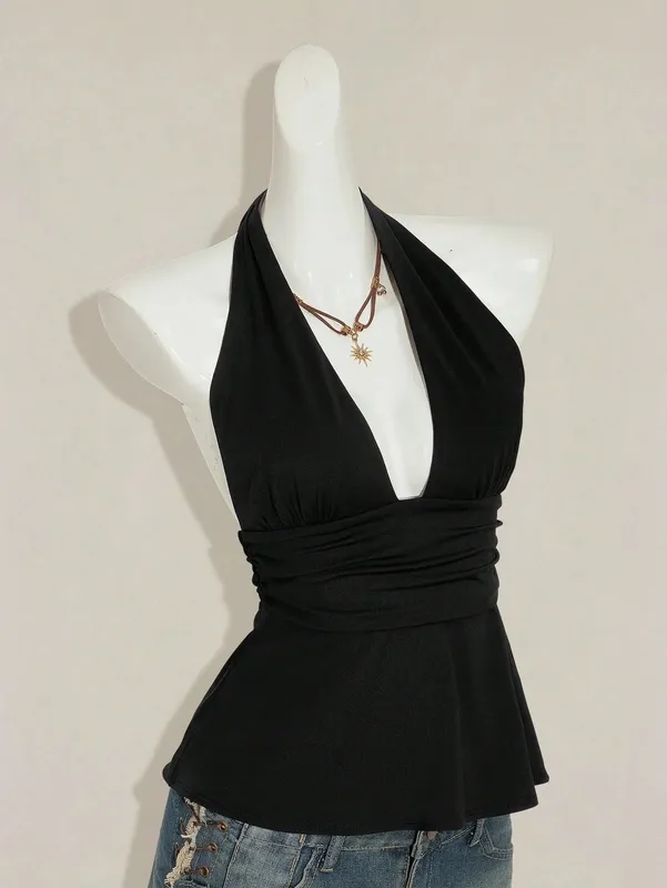 Halter Neck Tie Back Peplum Top Deep V Neck Ruched Waist Sleeveless Open Back Streetwear Party Clubwear For Women — image 5