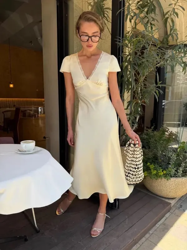 Chic Satin Lace Trim Midi Dress For Women Solid Patchwork Short Sleeve V-neck Summer Dresses 2026 Elegant Summer Holiday Gown — image 3