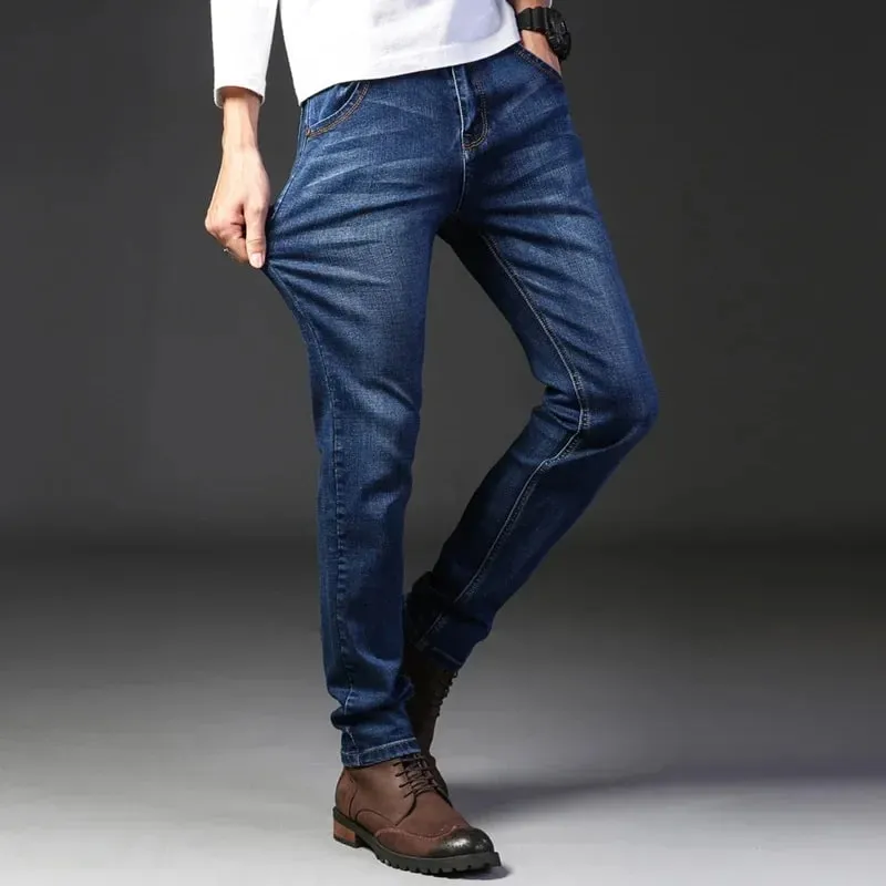 2024 Sommertynde mænds elastiske bomuldsjeans Mode Grå Komfortable Lige Business Lige Casual Bukser Højkvalitets mærkebukser — image 3