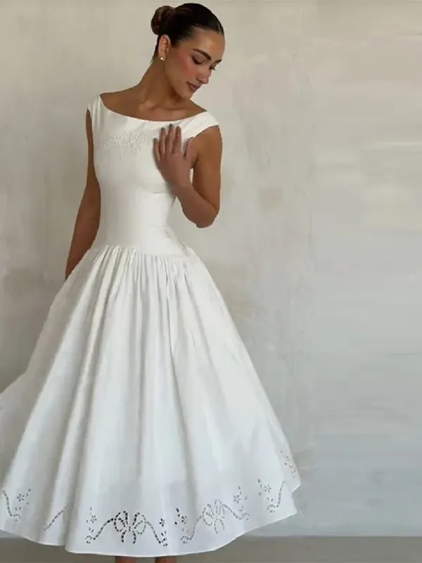 Chic Vintage White Boat Neck Dress Embroidered Cap Sleeve Cutwork Hem High Waist Flowy A-line Gown 2026 New Evening Party Outfit — image 1