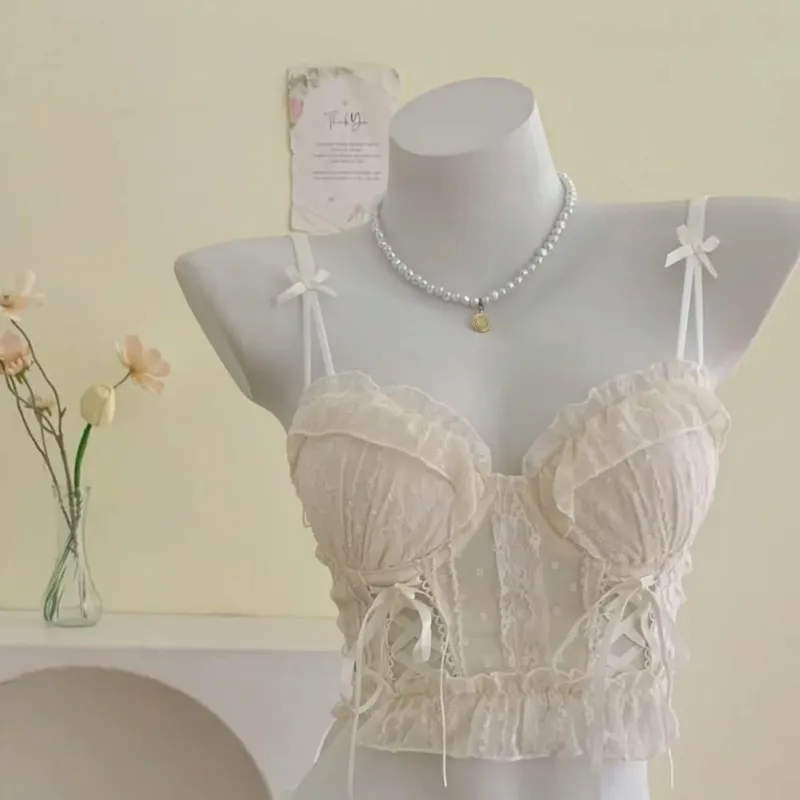 Doce plissado conjunto de sutiã de renda feminino pequeno busto push up malha cruz tiras puro suave diário lingerie macia 2 peças 32-38ab
