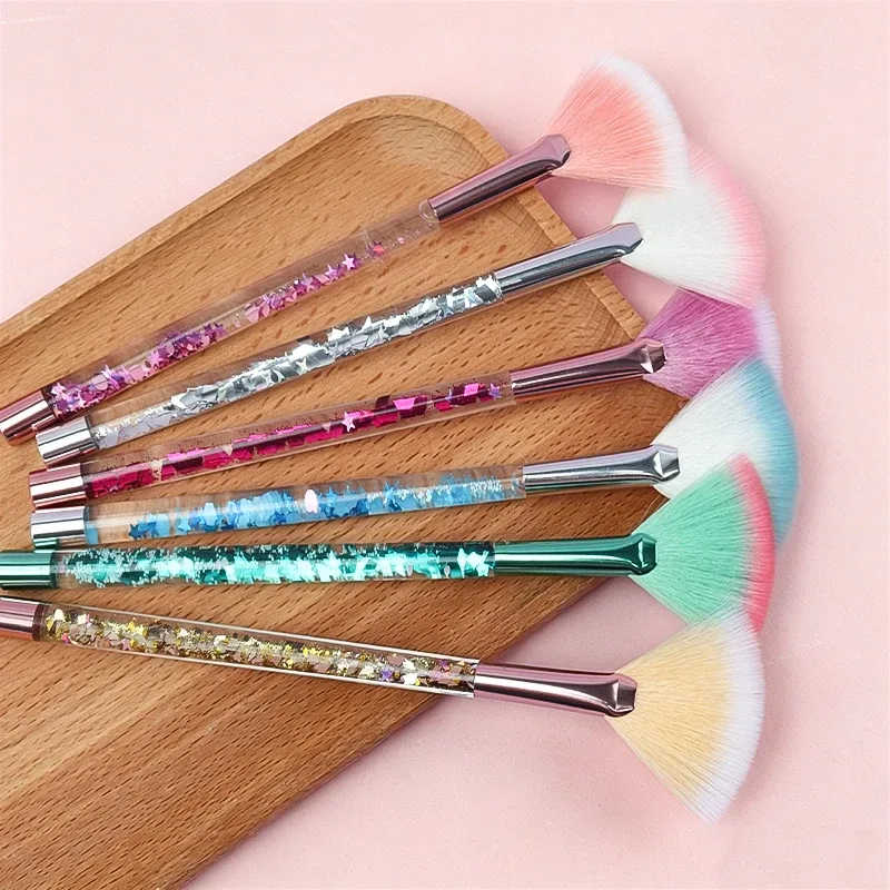 5pcs Fan Makeup Brush Glitter Transparent Handle Soft Fluffy Bristle Highlighter Blush Powder Brushes Face Cosmetic Beauty Tool — image 3