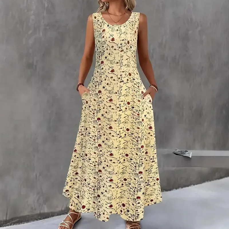 Women Summer Casual Sleeveless Floral Print Maxi Dress O Neck A-Line Long Dress With Pockets Loose Vestidos Beach Sundress — image 1