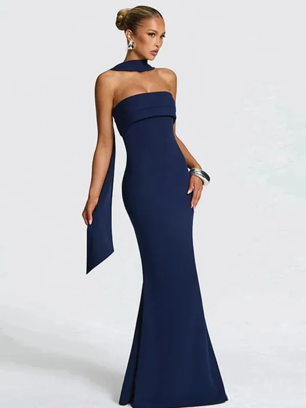 Mozision Off-shoulder Strapless Sexy Maxi Dress Women Gown Scarf Collar Sleeveless Backless Bodycon Club Party Evening Dresses — image 3