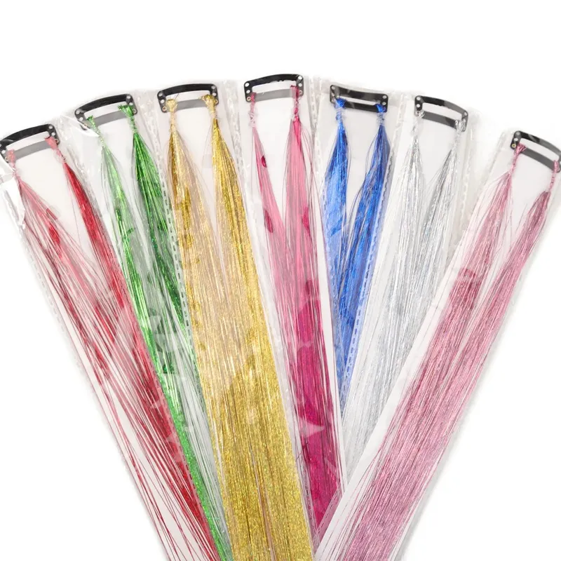 24 inch 1Pcs Colored Hair Extensions with Tinsel Long Straight Hairpiece Color Party Highlights Clip in Synthetic Hair Extension — image 3