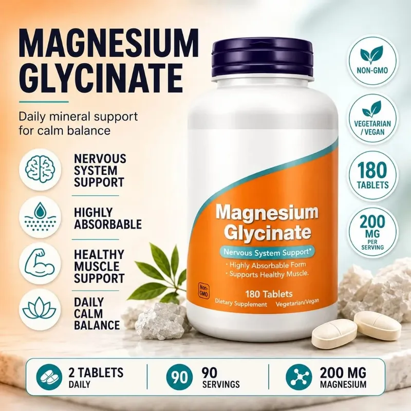 Magnesium Glycinate Tablets 200mg High Absorption Vegan Non-GMO Formula for Nervous System Muscle Relaxation Support 180 Count — image 1