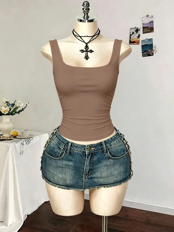 Women Square Neck Wide Strap Ribbed Tank Top Sleeveless Fitted Slim Casual Cami Top — image 18