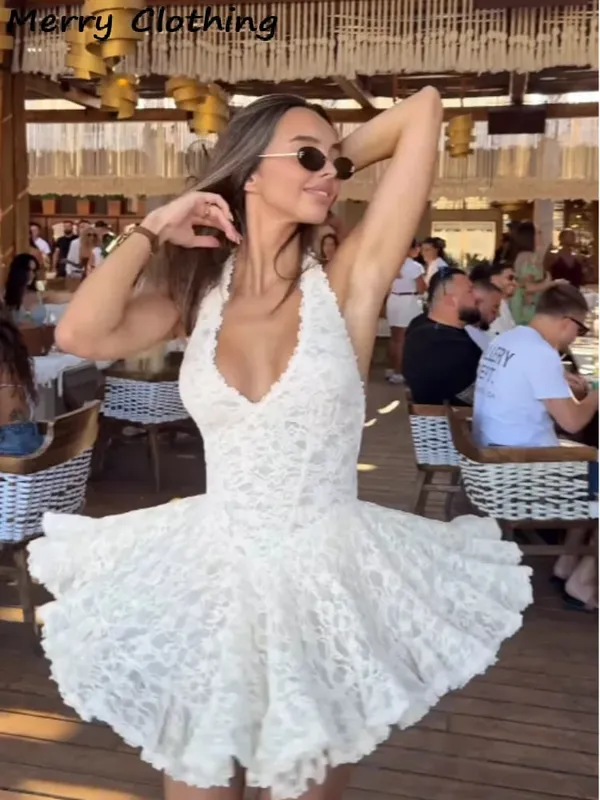 V Neck Halter Lace Mini Skirt Women Fashion Waist Cinched A Line Dress Backless Sleeveless Short Vestidos Summer Lady Dresses — image 3