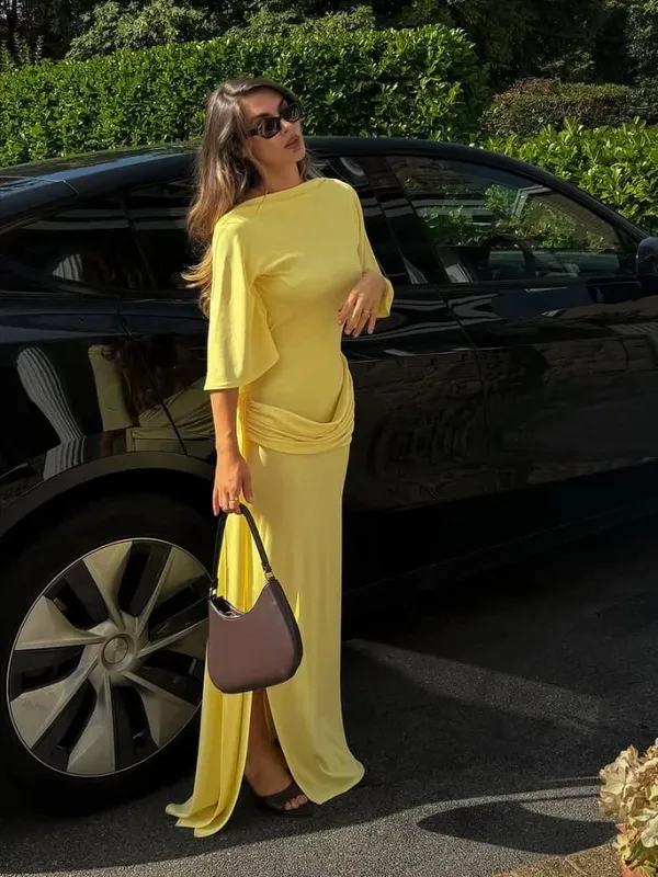 Women's Solid Yellow Backless Maxi Dress Elegant Split Slim Fit Pleated Half Sleeve Long Dresses 2025 High Street Summer Gowns — image 3