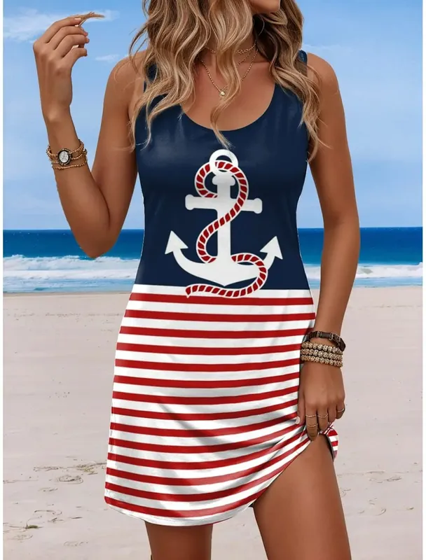 Women's Sleeveless Crew Neck Tank A-Line Mini Dress Print White Red Blue Loose Casual Summer Beach Vacation Daily Dress — image 5