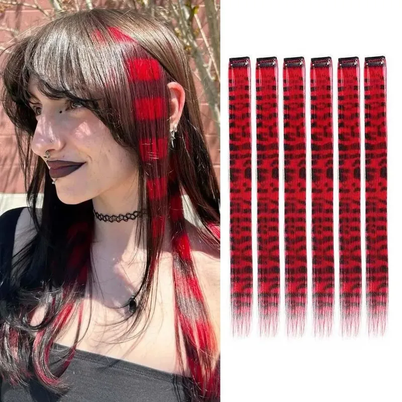 6pcs/set Stripe Printed Hair Colorful Long Straight Hair Piece Synthetic Clip-in Hair Extensions Daily Party Halloween Christmas — image 10