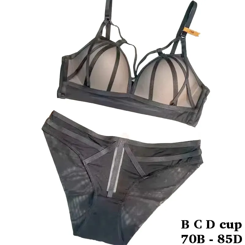 high quality sexy women bras and brief two piece set push up B C D cup striped wire summer lingerie underwear black white red — image 2