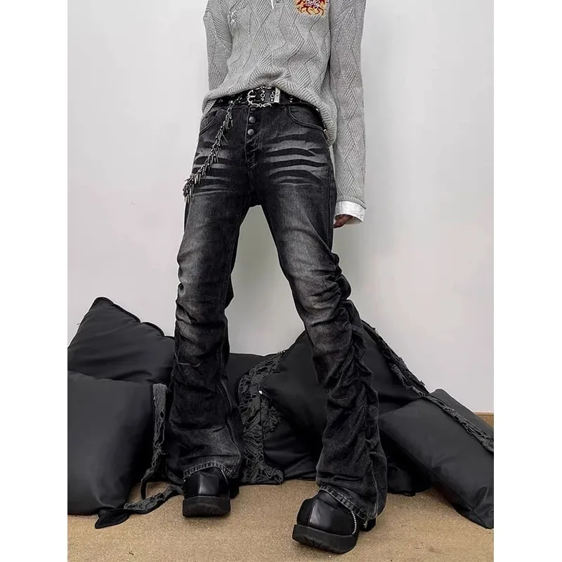 Spring Men's Flare Cargo Jeans Black Harajuku Japanese Low Rise Denim Pants Abi Y2k Bell Bottom American Retro Gyaru Bootcut New — image 3