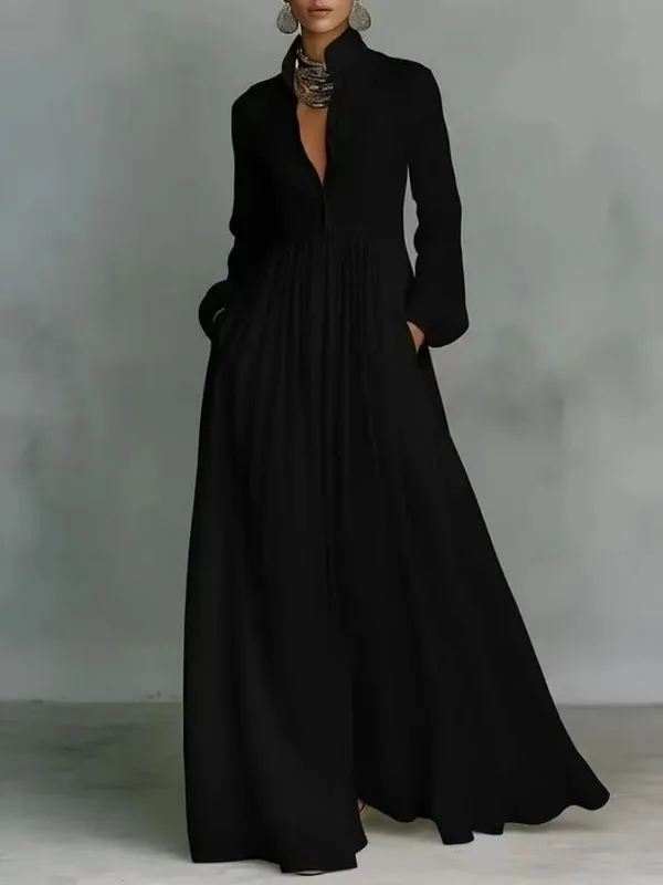 Women's Elegant Single Breasted Long Dress 2026 French High Waist Solid Pockets Pleated Maxi Evening Dress