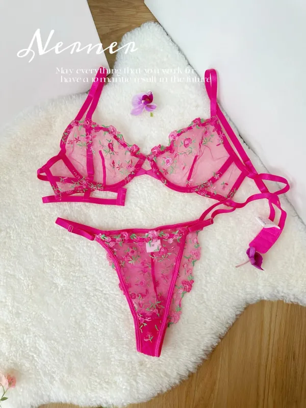 Korean Hot Lace Bra Set Floral Embroidery Transparent Mesh Ultra Thin Big Bust Modest Summer Ladies Daily Wear Underwear 32-38 — image 14